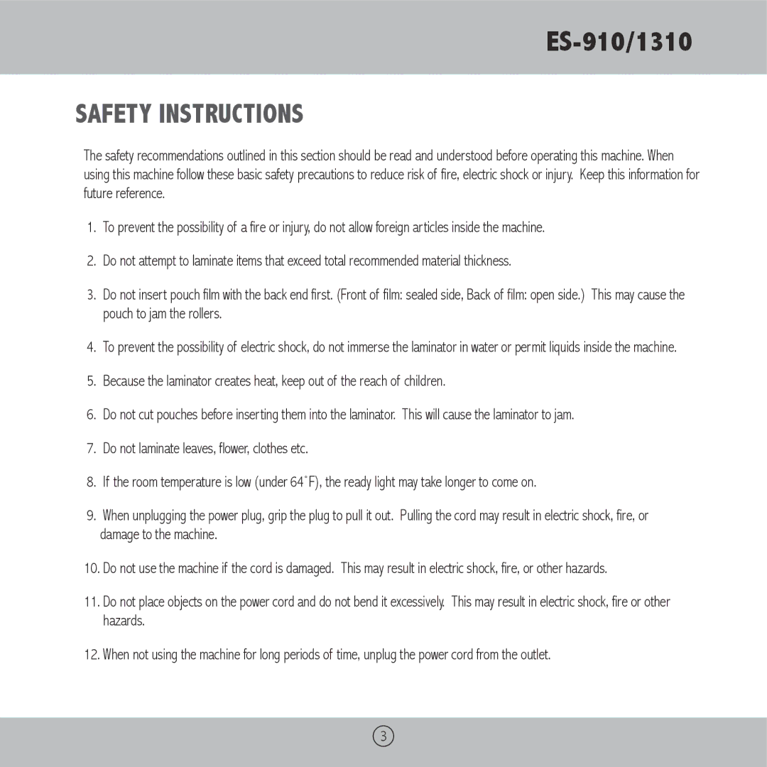 Royal Sovereign ES-1310, ES-910 owner manual Safety instructions 