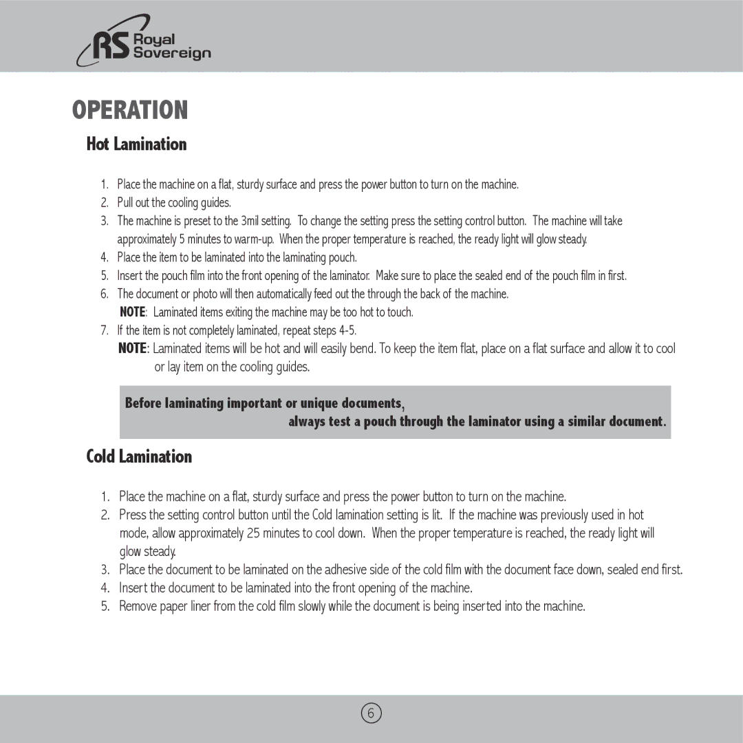 Royal Sovereign ES-910 Operation, Pull out the cooling guides, Place the item to be laminated into the laminating pouch 