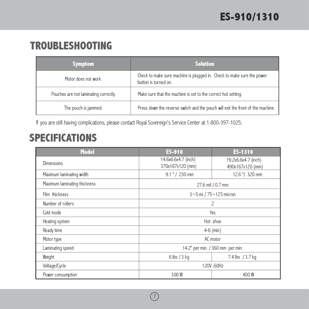 Royal Sovereign ES-1310, ES-910 owner manual Troubleshooting, Specifications 