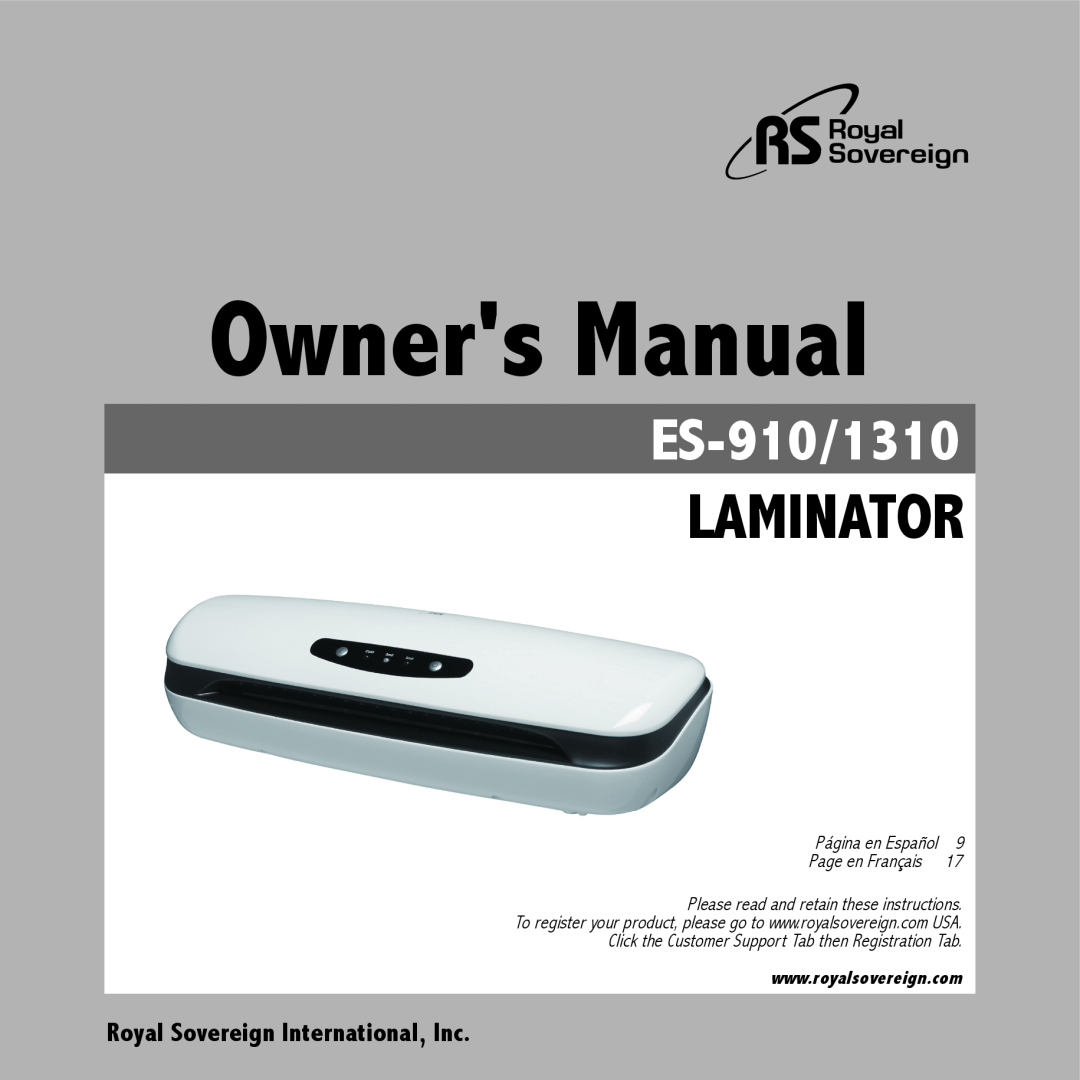 Royal Sovereign ES-1310 owner manual Laminator, ES-910/1310, Royal Sovereign International, Inc, Owners Manual 