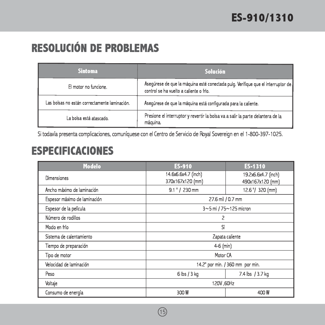 Royal Sovereign ES-1310 owner manual Resolución de problemas, Especificaciones, Solución, Modelo, ES-910/1310 