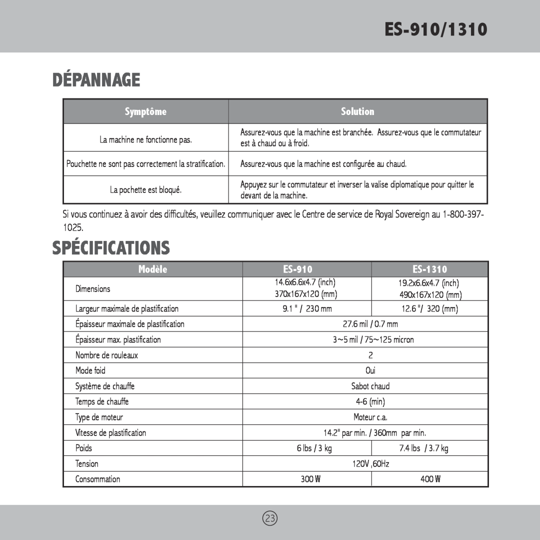 Royal Sovereign ES-1310 owner manual Dépannage, Spécifications, Symptôme, Modèle, ES-910/1310, Solution 