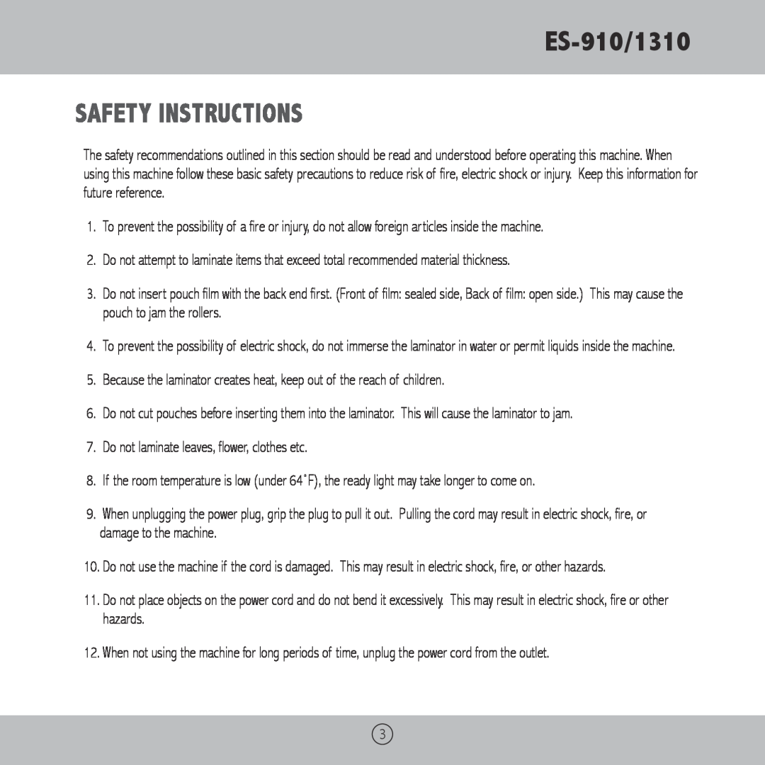 Royal Sovereign ES-1310 owner manual ES-910/1310, safety instructions 