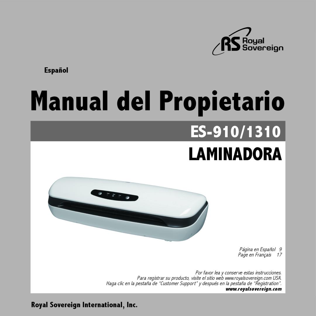 Royal Sovereign ES-1310 Manual del Propietario, Laminadora, ES-910/1310, Página en Español, Page en Français 