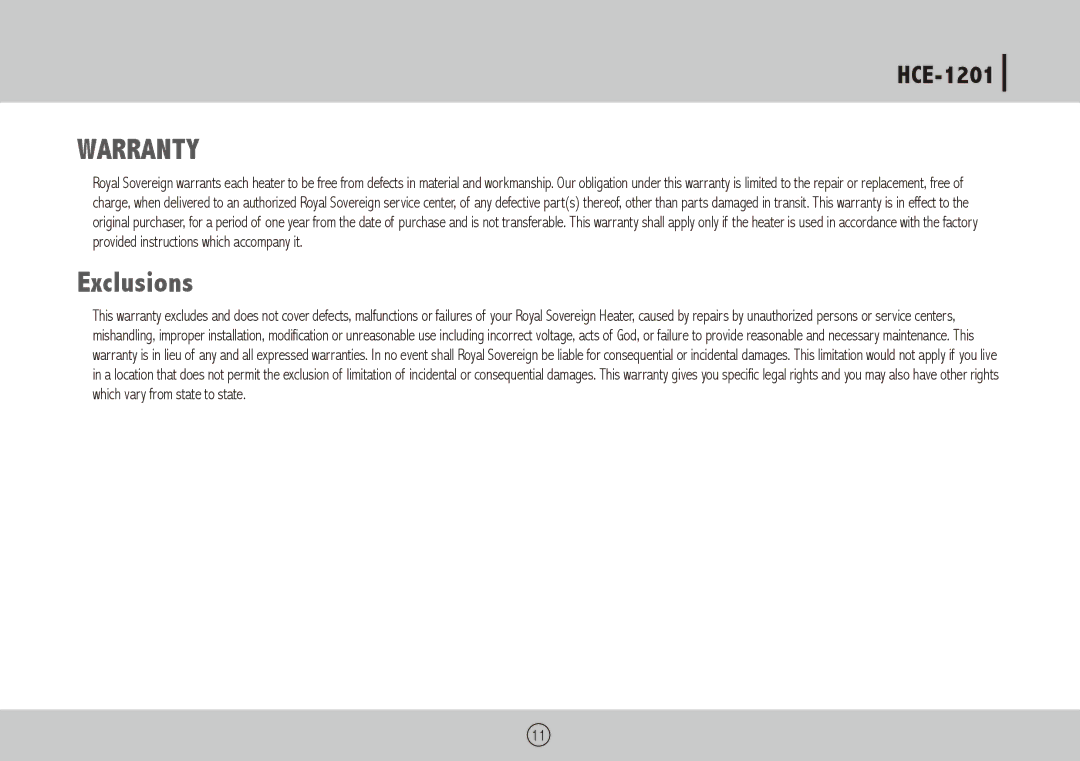 Royal Sovereign HCE-1201 owner manual Warranty, Exclusions 