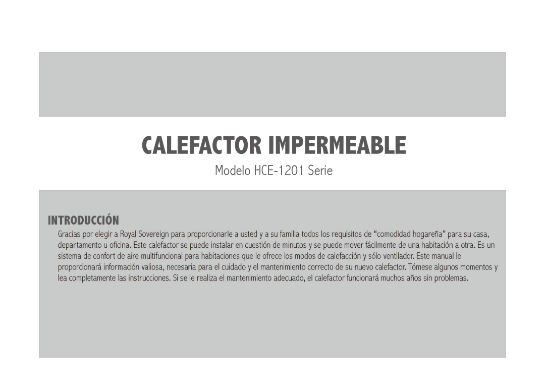 Royal Sovereign HCE-1201 owner manual Calefactor impermeable 