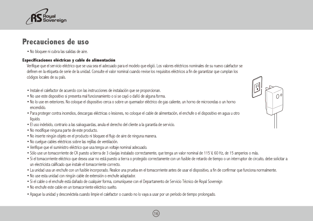 Royal Sovereign HCE-1201 owner manual Precauciones de uso, Especificaciones eléctricas y cable de alimentación 