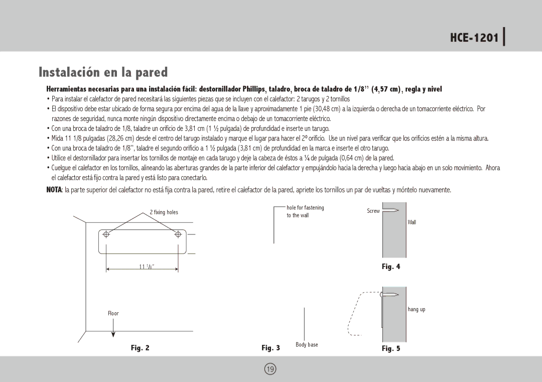 Royal Sovereign HCE-1201 owner manual Instalación en la pared 