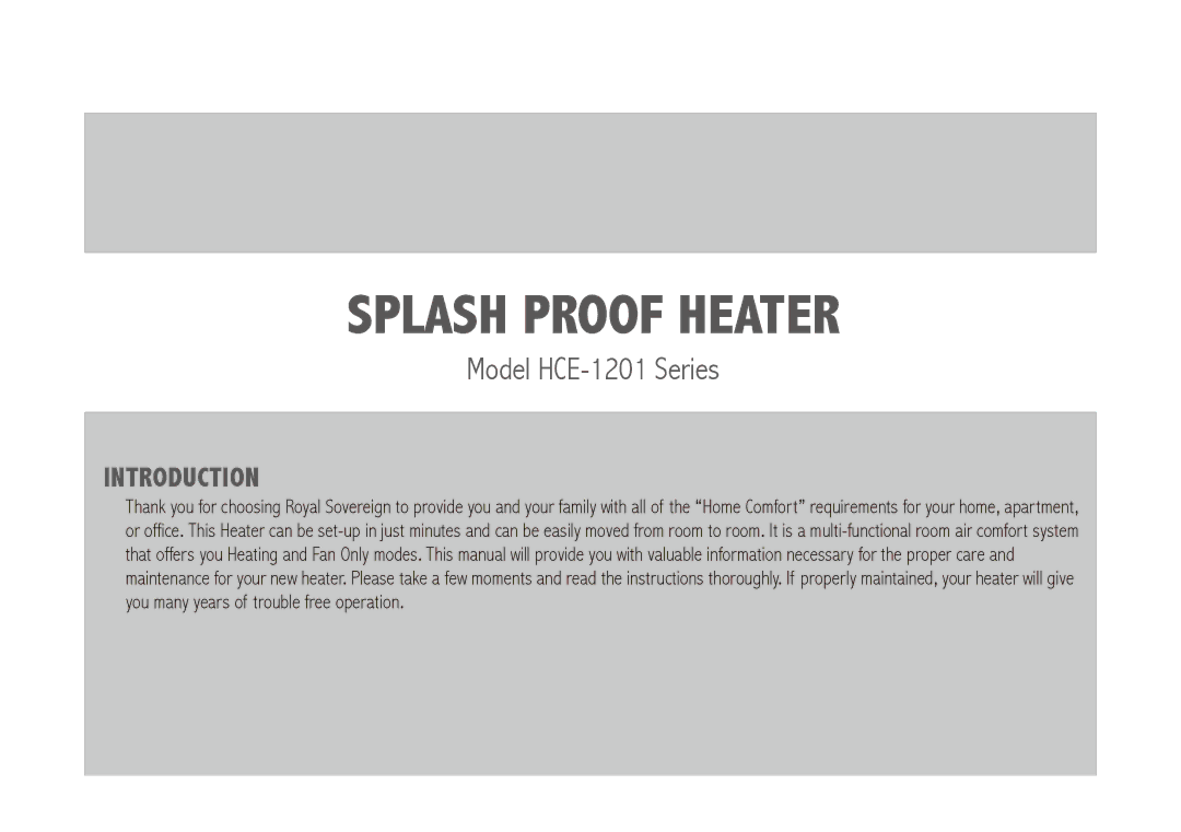 Royal Sovereign HCE-1201 owner manual Splash Proof Heater 