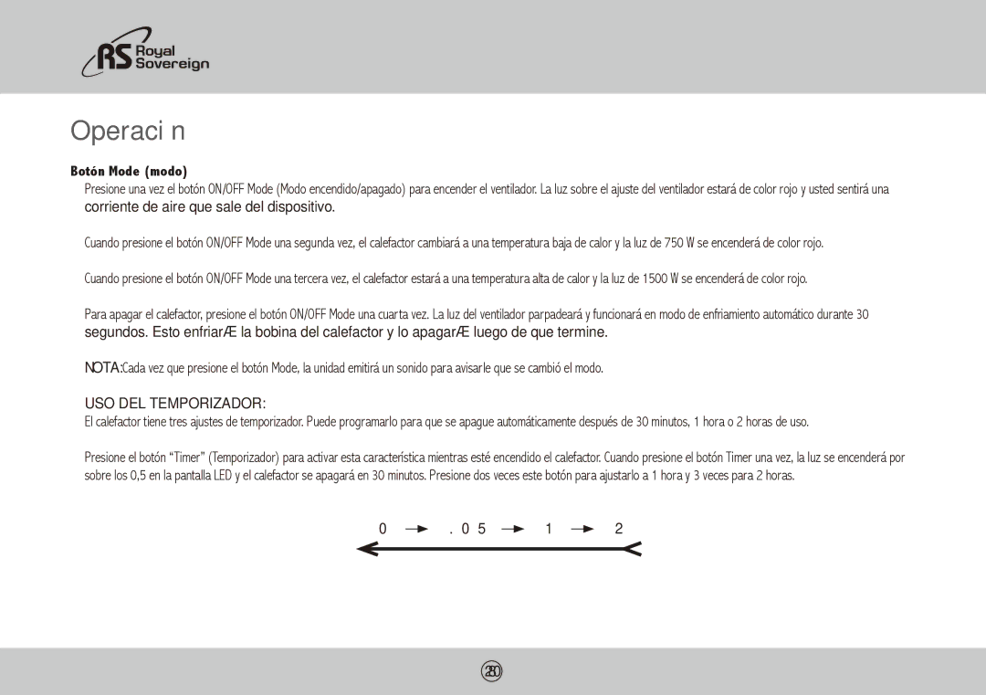 Royal Sovereign HCE-1201 owner manual Operación, Botón Mode modo, Uso del temporizador 