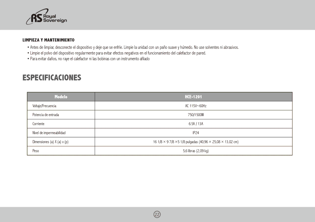 Royal Sovereign HCE-1201 owner manual Especificaciones, Limpieza y mantenimiento 