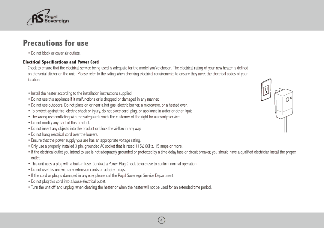 Royal Sovereign HCE-1201 owner manual Precautions for use, Electrical Specifications and Power Cord 