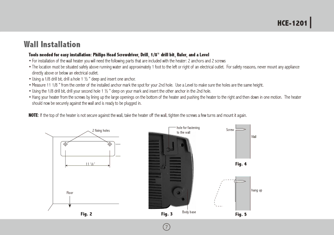 Royal Sovereign HCE-1201 owner manual Wall Installation 