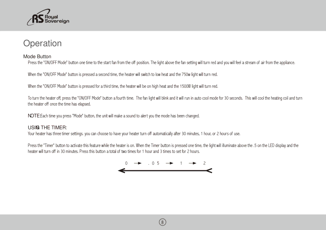 Royal Sovereign HCE-1201 owner manual Operation, Mode Button, Using the Timer 