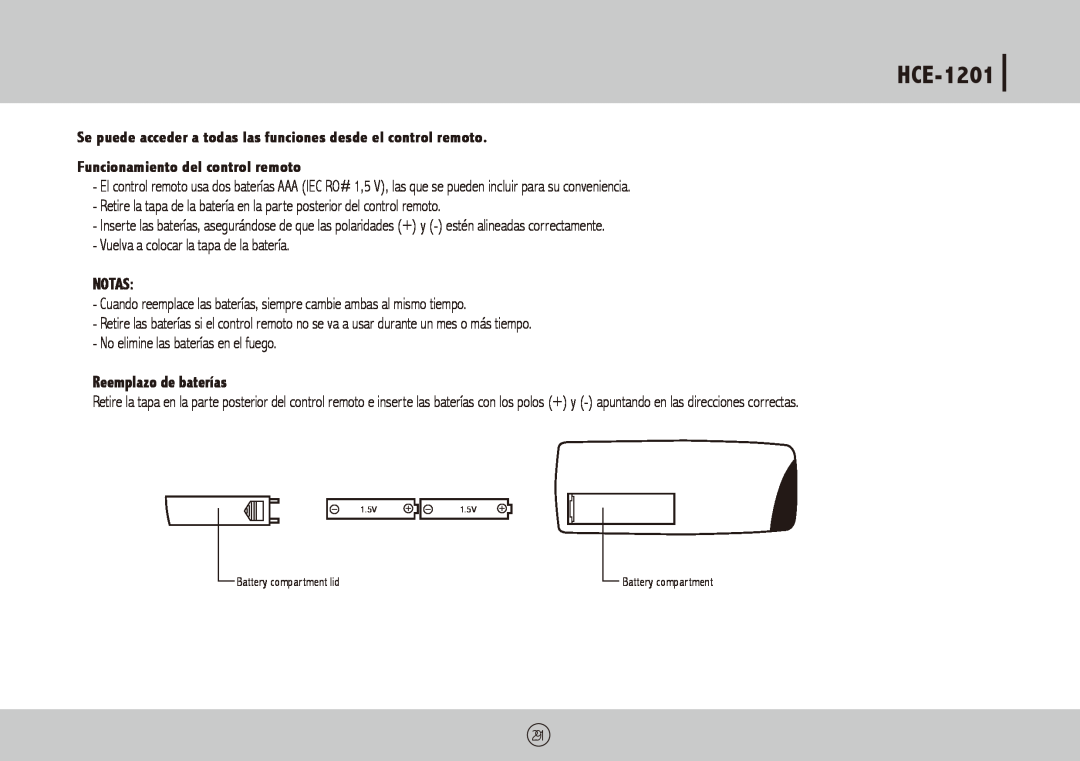 Royal Sovereign HCE-1201 owner manual Funcionamiento del control remoto, Notas, Reemplazo de baterías 