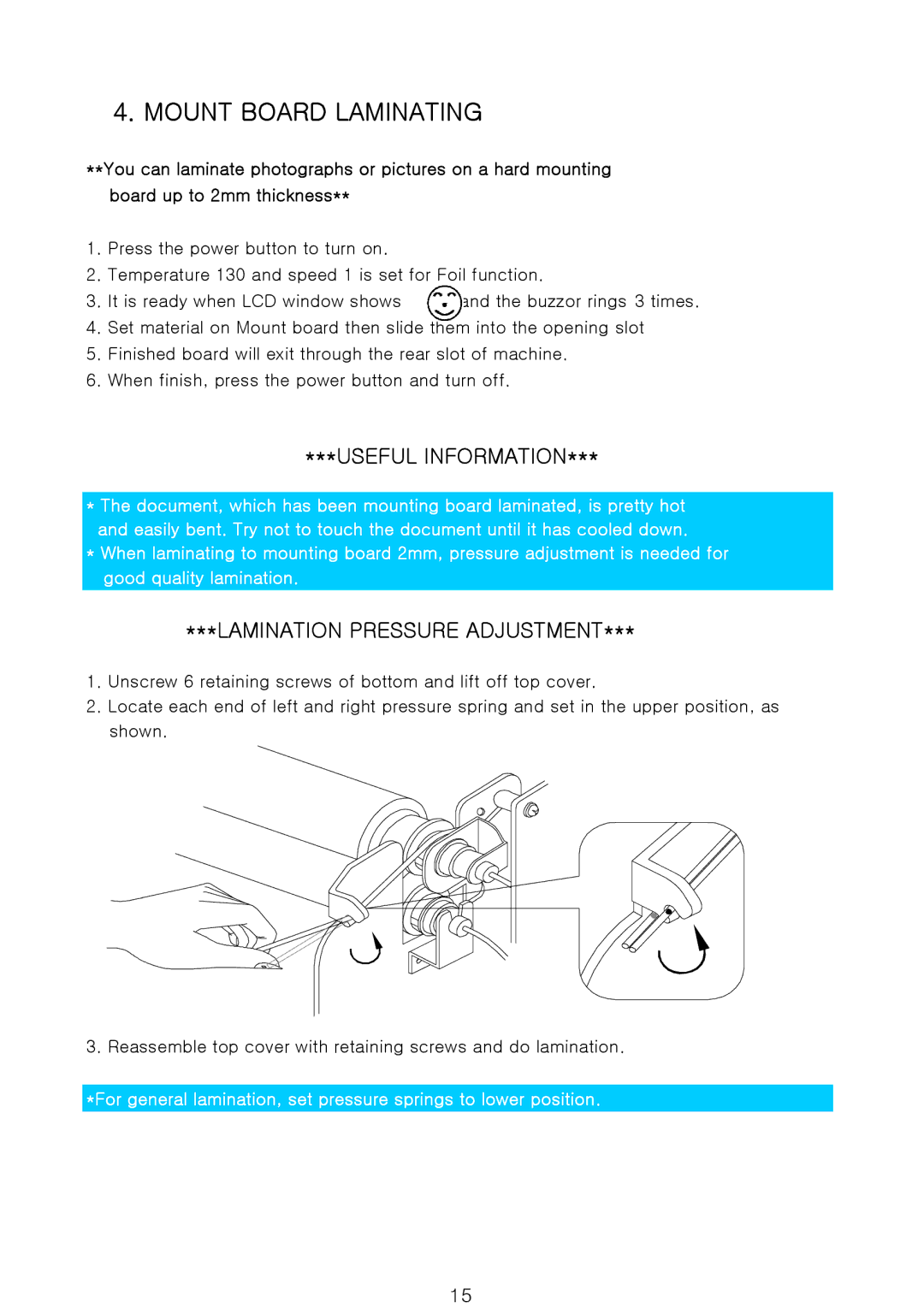 Royal Sovereign 900N 1, 900NPH-1200N owner manual Mount Board Laminating, Lamination Pressure Adjustment 