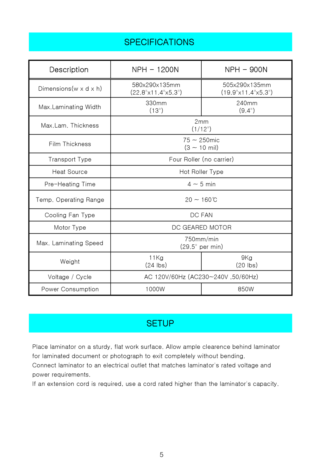 Royal Sovereign 900NPH-1200N, 900N 1 owner manual Specifications, Setup 