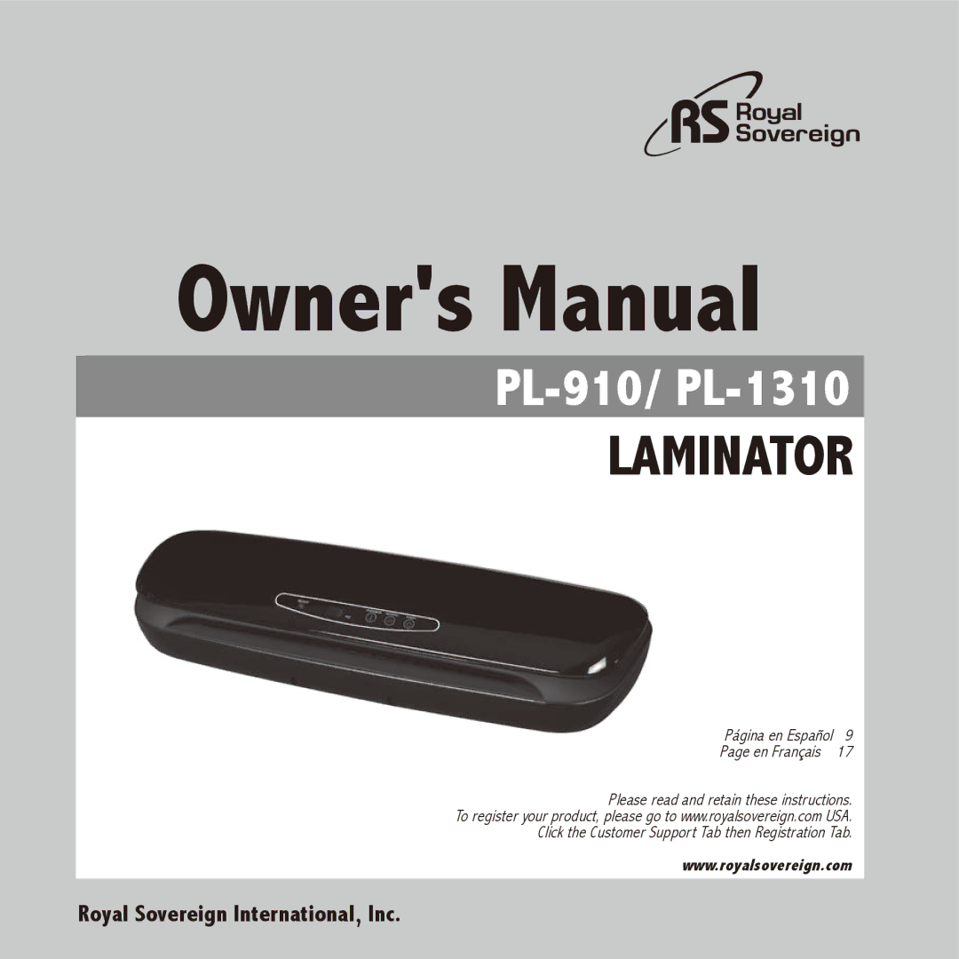 Royal Sovereign PL-910, PL-1310 owner manual Laminator 