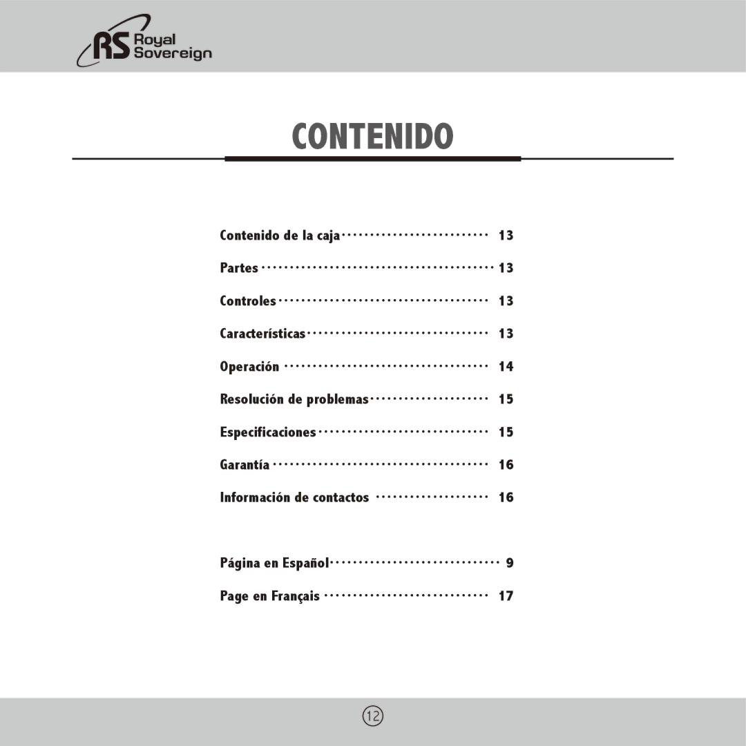 Royal Sovereign PL-1310, PL-910 owner manual Contenido 