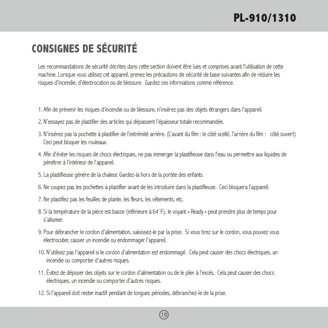 Royal Sovereign PL-910, PL-1310 owner manual Consignes DE Sécurité 