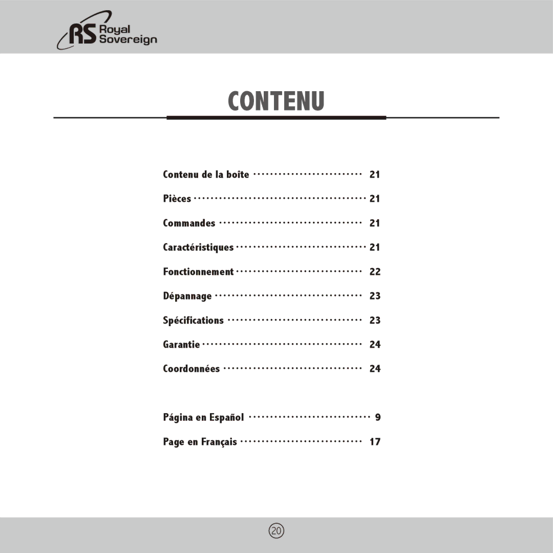 Royal Sovereign PL-1310, PL-910 owner manual Contenu 