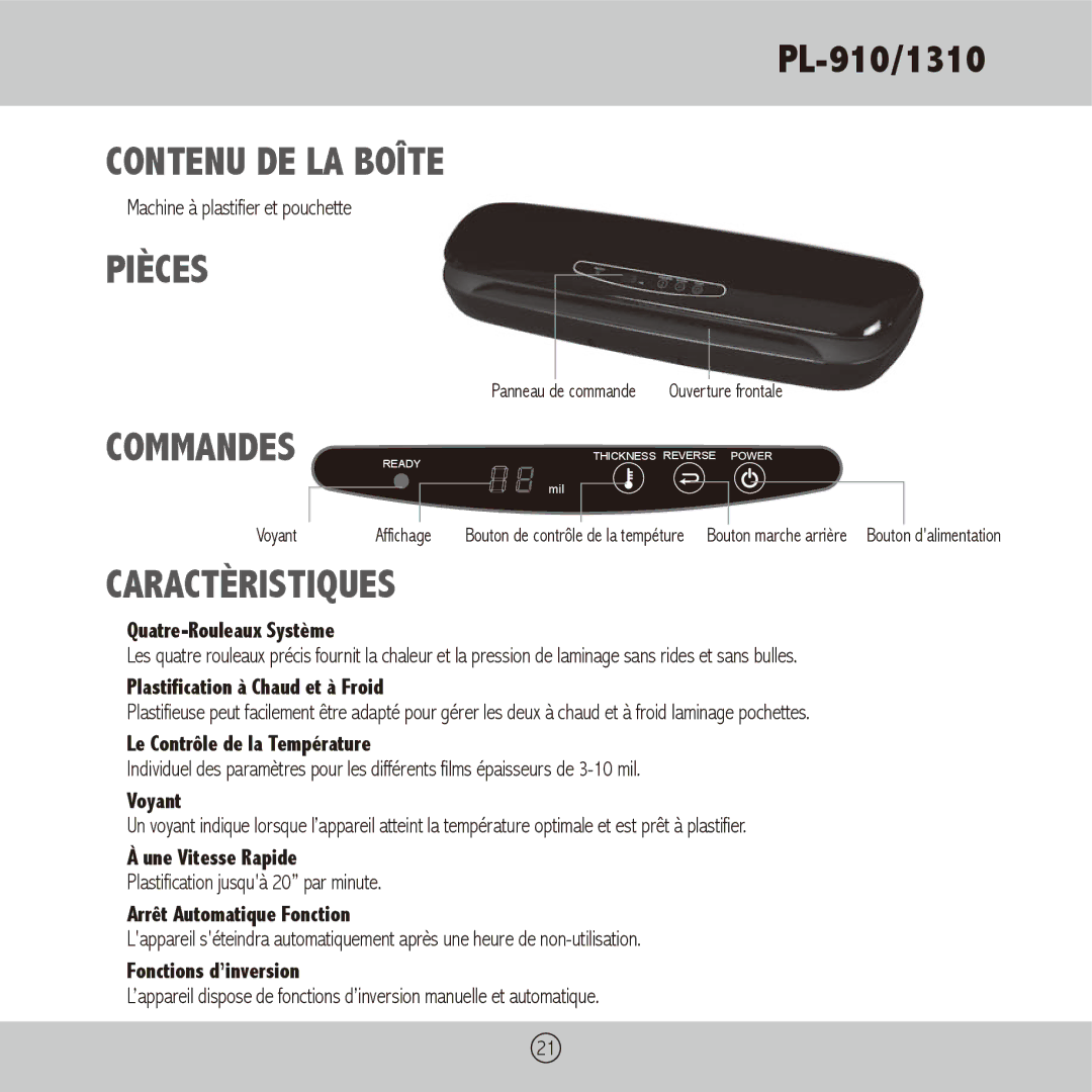 Royal Sovereign PL-910, PL-1310 owner manual Contenu DE LA Boîte, Pièces, Commandes Ready, Caractèristiques 