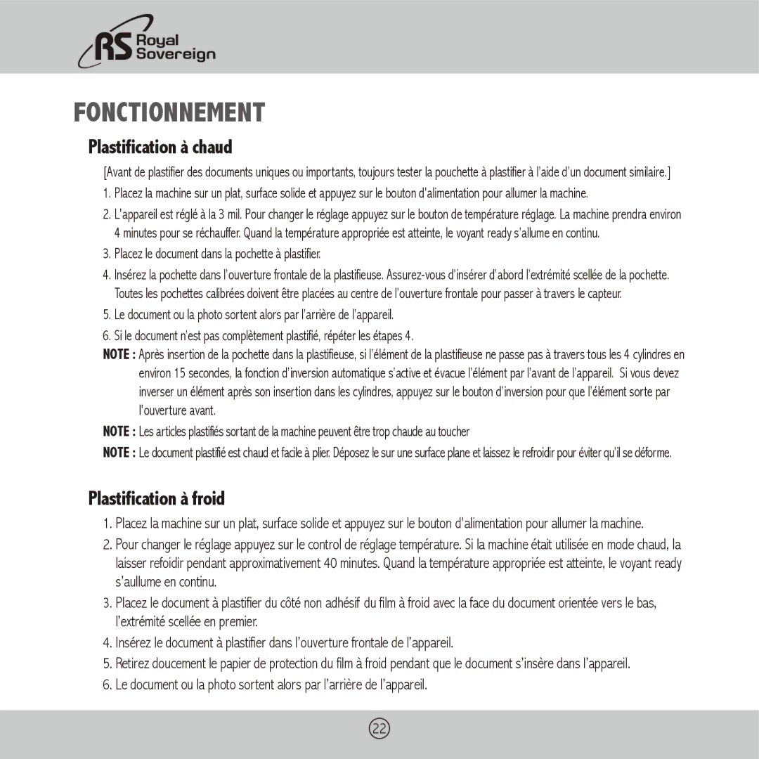 Royal Sovereign PL-1310, PL-910 owner manual Fonctionnement, Plastification à chaud 