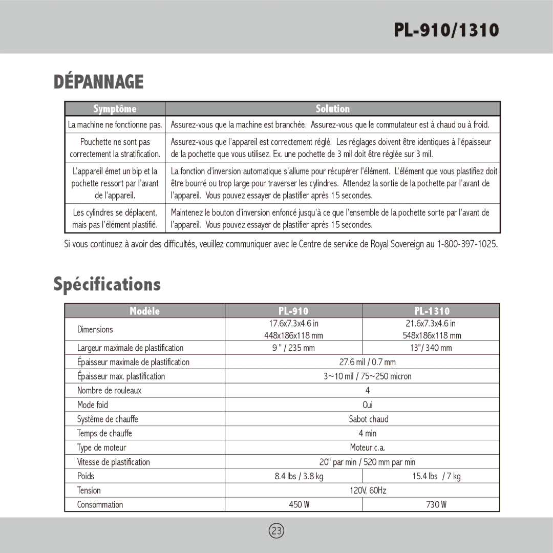 Royal Sovereign PL-910, PL-1310 owner manual Spécifications 