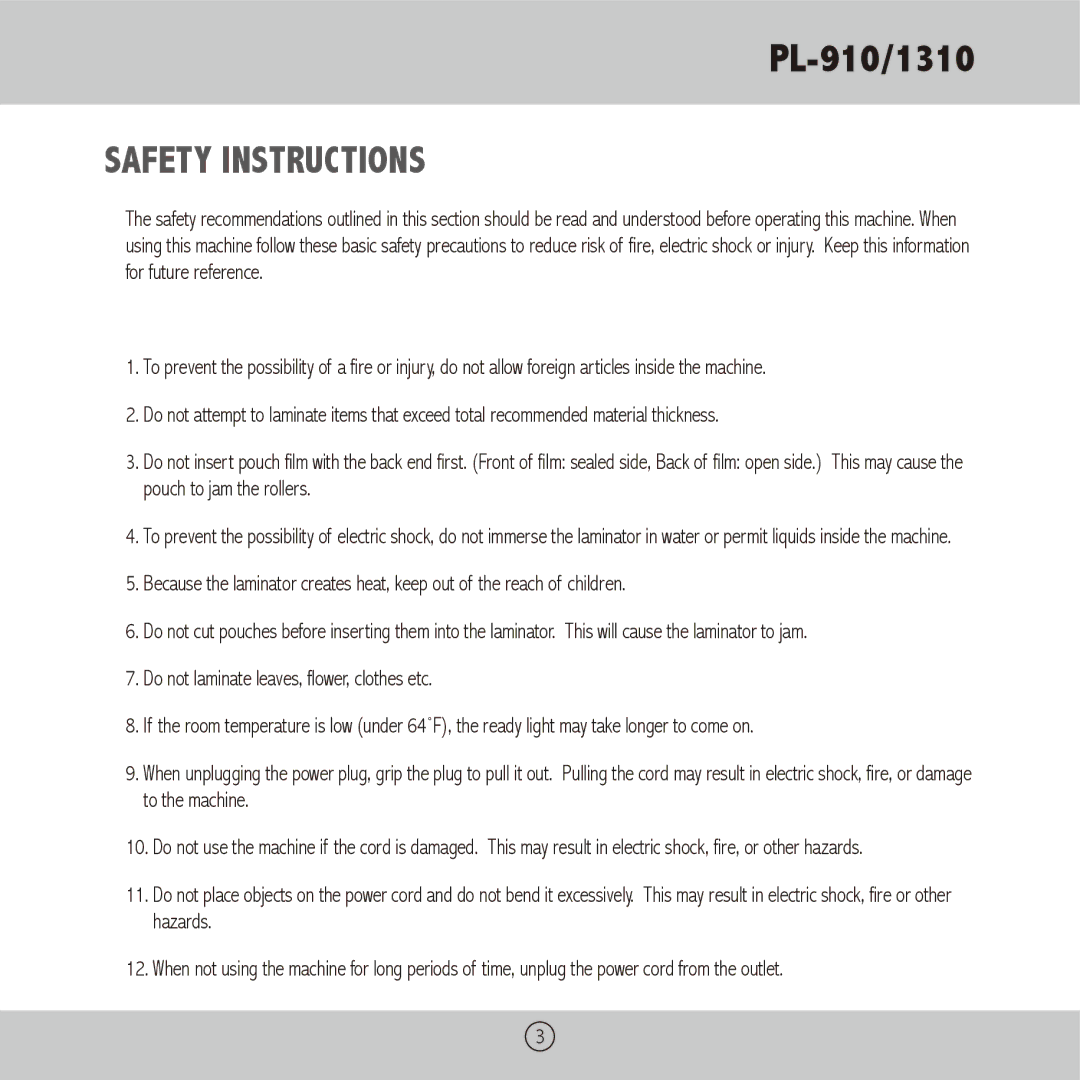 Royal Sovereign PL-910, PL-1310 owner manual Safety Instructions 