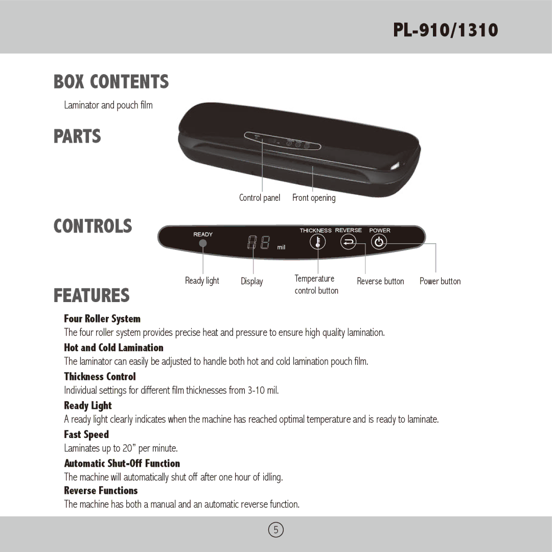 Royal Sovereign PL-910, PL-1310 owner manual BOX Contents, Parts, Controls Features 