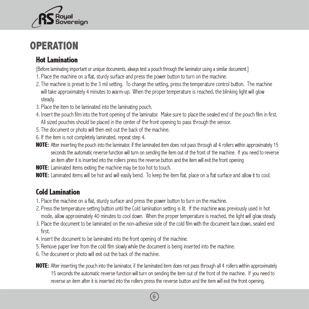 Royal Sovereign PL-1310, PL-910 owner manual Operation, Hot Lamination 