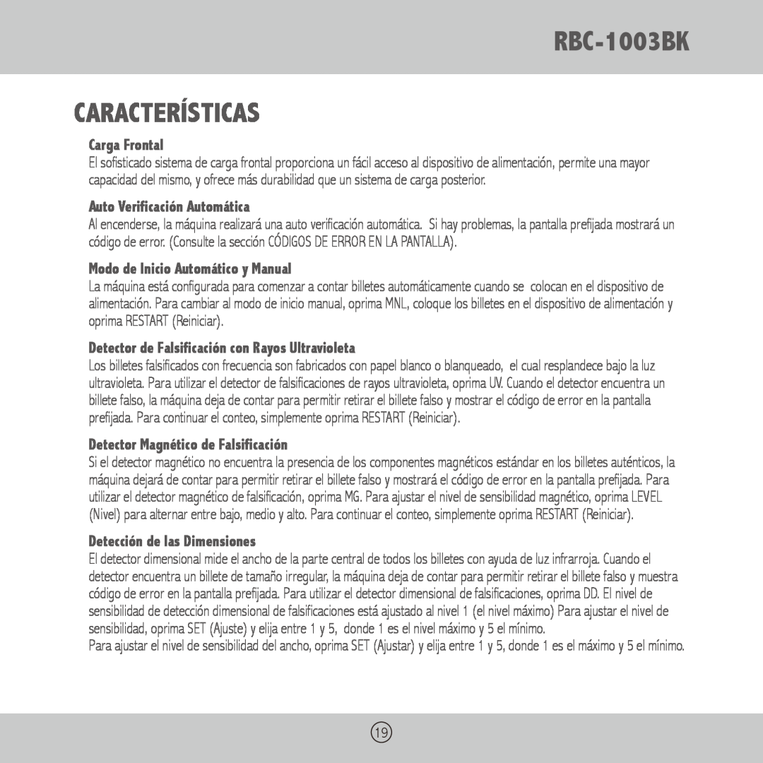 Royal Sovereign RBC-1003BK CARACTERÍSTICAS, Carga Frontal, Auto Verificación Automática, Detección de las Dimensiones 