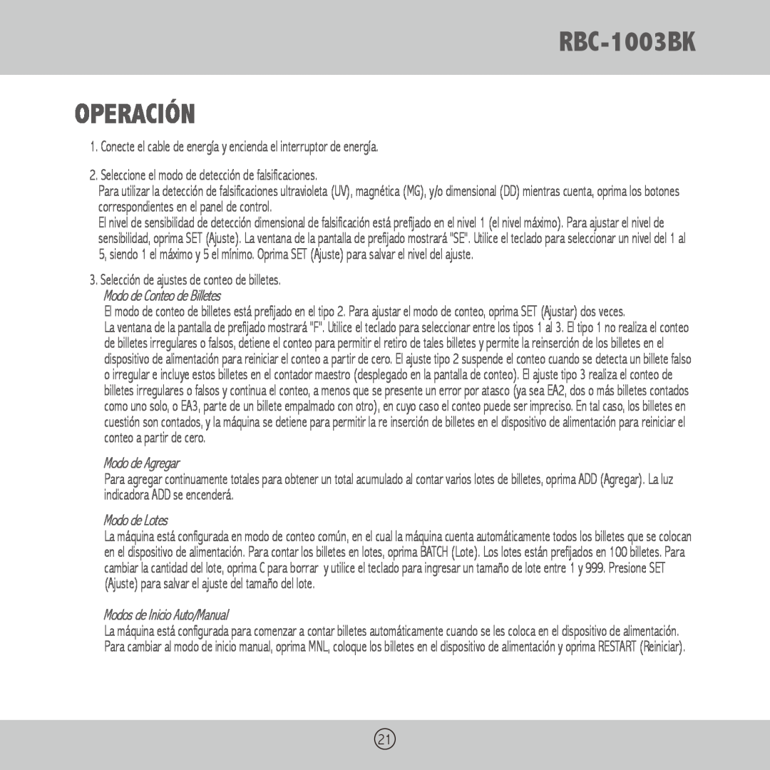 Royal Sovereign owner manual RBC-1003BK OPERACIÓN, Modo de Agregar, Modo de Lotes, Modos de Inicio Auto/Manual 