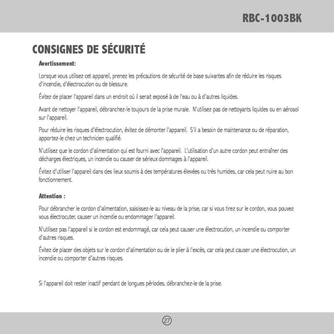 Royal Sovereign owner manual RBC-1003BK CONSIGNES DE SÉCURITÉ, Avertissement 