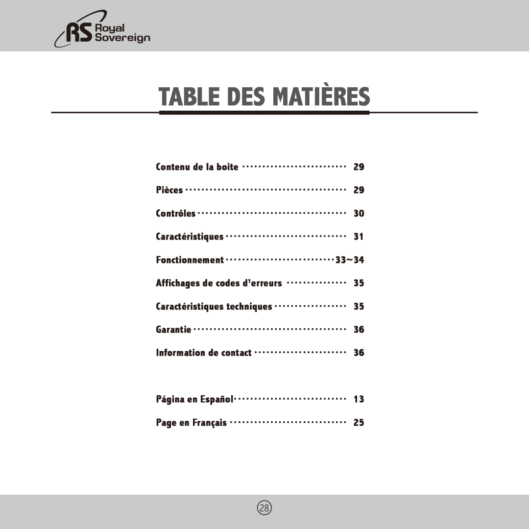 Royal Sovereign RBC-1003BK owner manual Table Des Matières 