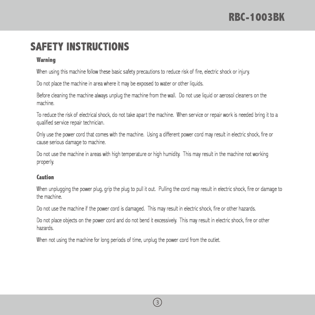 Royal Sovereign owner manual RBC-1003BK SAFETY INSTRUCTIONS 