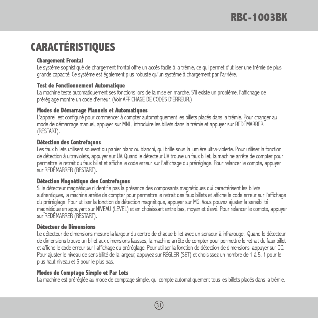 Royal Sovereign owner manual RBC-1003BK CARACTÉRISTIQUES, Chargement Frontal, Test de Fonctionnement Automatique 