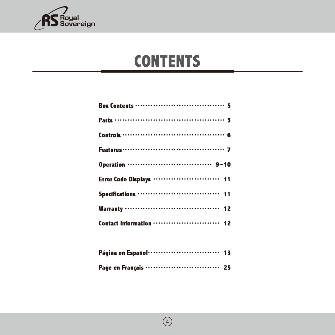 Royal Sovereign RBC-1003BK owner manual Contents 