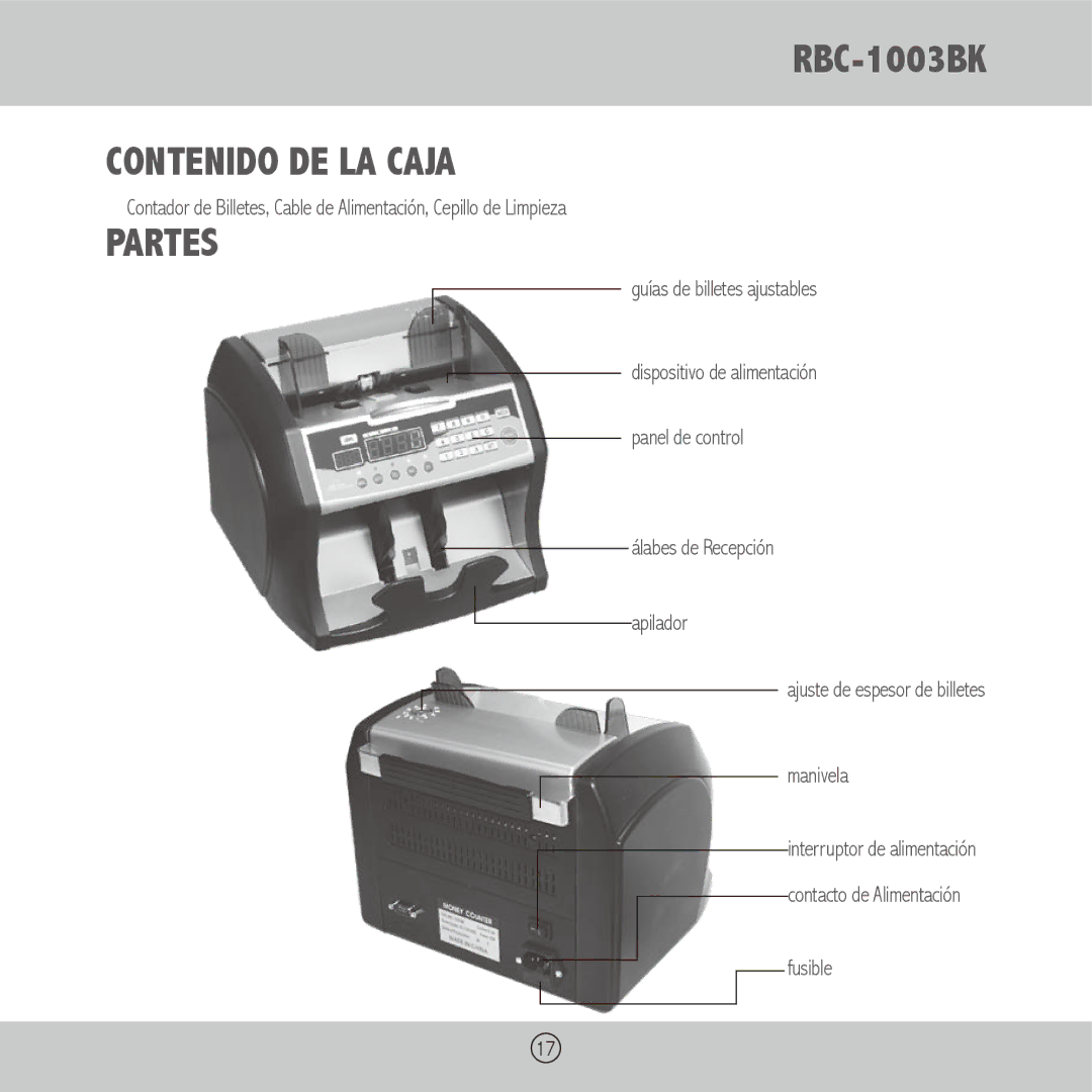 Royal Sovereign RBC-1003BK owner manual Contenido DE LA Caja, Partes, Guías de billetes ajustables, Fusible 