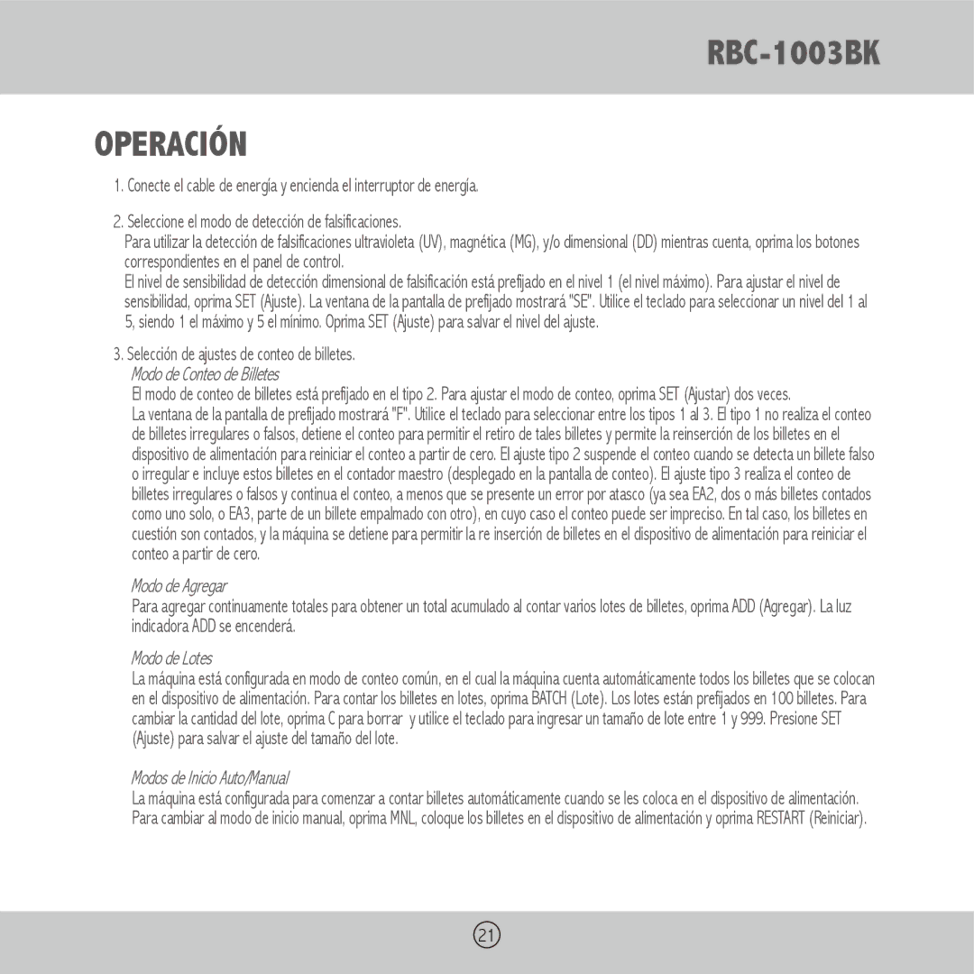 Royal Sovereign RBC-1003BK owner manual Operación, Modo de Agregar 