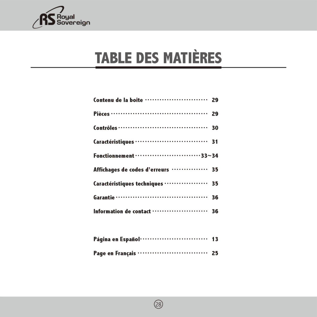 Royal Sovereign RBC-1003BK owner manual Table DES Matières 