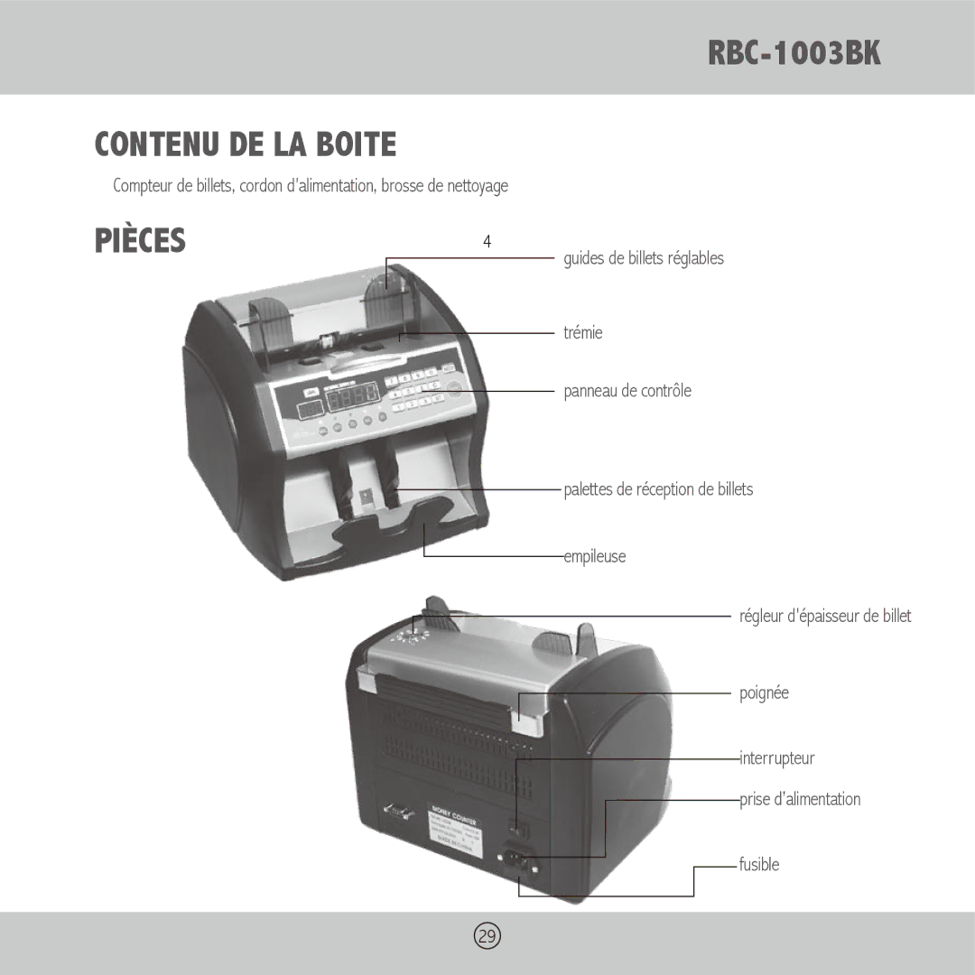 Royal Sovereign RBC-1003BK owner manual Contenu DE LA Boite, Pièces, Trémie, Panneau de contrôle, Empileuse 