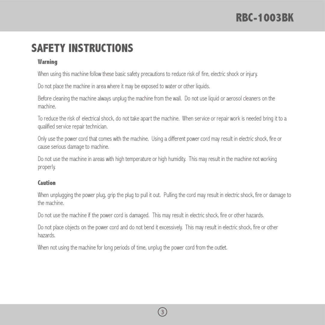 Royal Sovereign RBC-1003BK owner manual Safety Instructions 