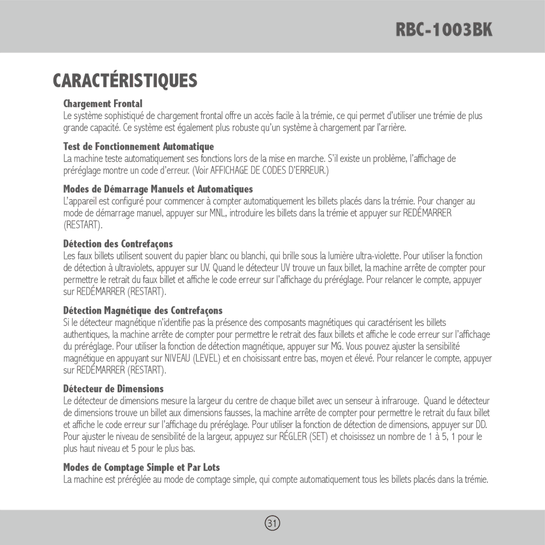 Royal Sovereign RBC-1003BK owner manual Caractéristiques 