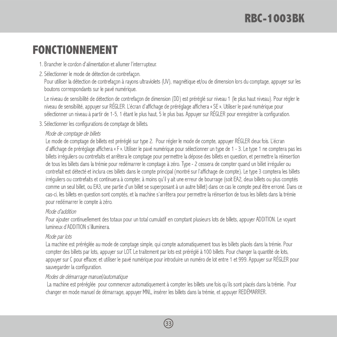 Royal Sovereign RBC-1003BK owner manual Fonctionnement, Sélectionner les configurations de comptage de billets 