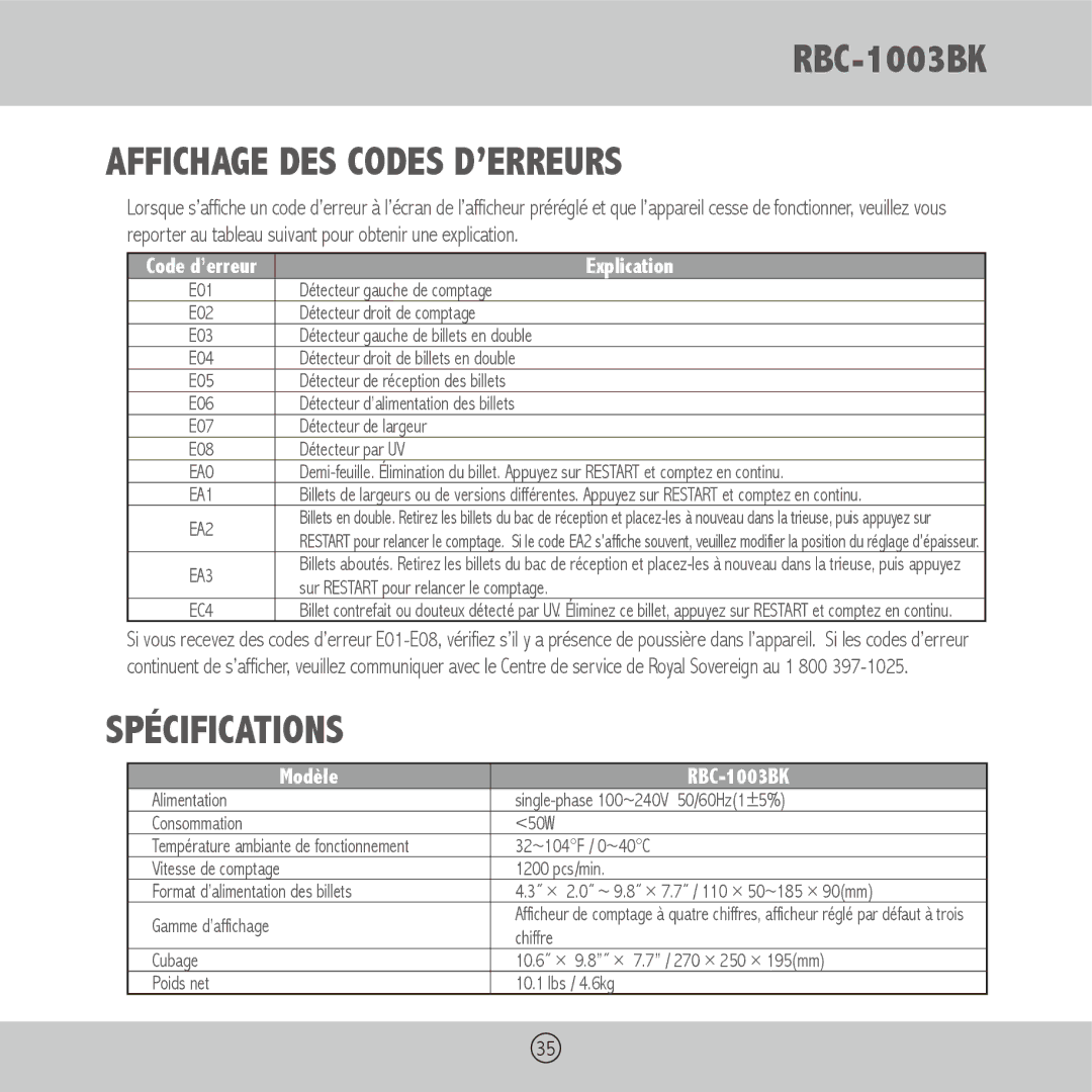 Royal Sovereign RBC-1003BK owner manual Affichage DES Codes D’ERREURS, Spécifications 