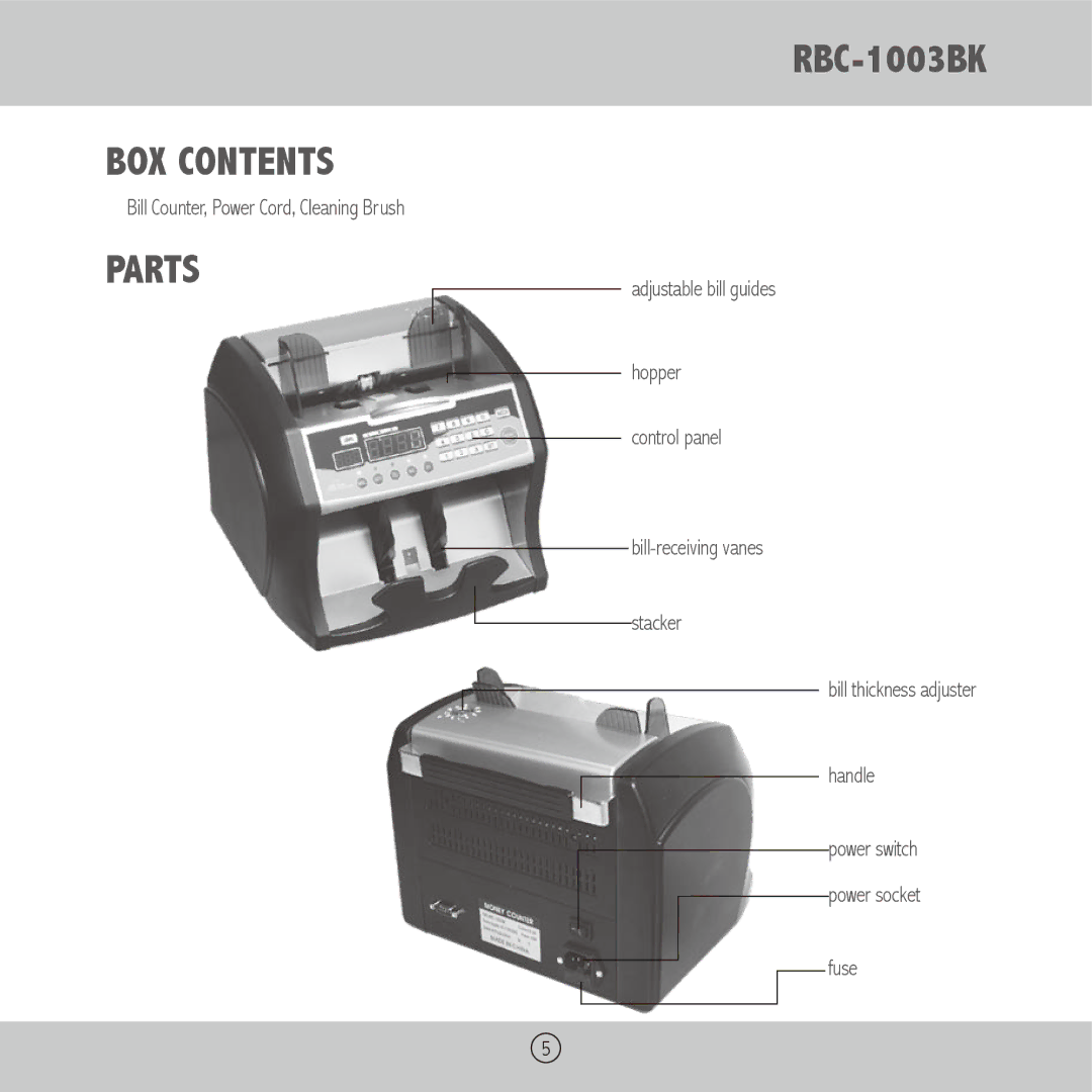 Royal Sovereign RBC-1003BK owner manual BOX Contents, Parts, Adjustable bill guides, Fuse 