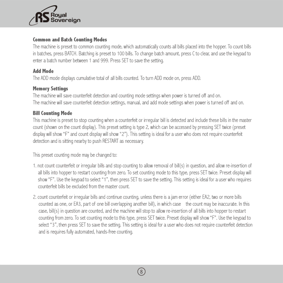 Royal Sovereign RBC-1003BK owner manual Common and Batch Counting Modes, Add Mode, Memory Settings, Bill Counting Mode 