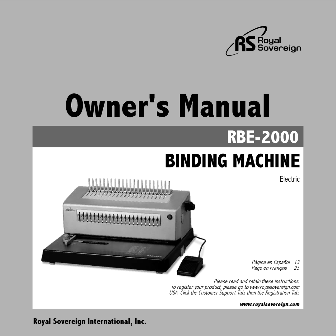 Royal Sovereign RBE-2000 owner manual Binding Machine 