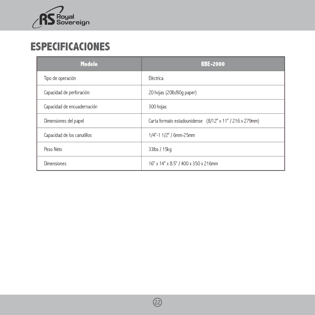 Royal Sovereign owner manual Especificaciones, Modelo RBE-2000 